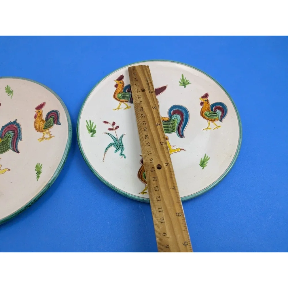 Game Chicken Rooster Cake Plate Set of 2 7-3/4” Cockfighting Dishes Italy